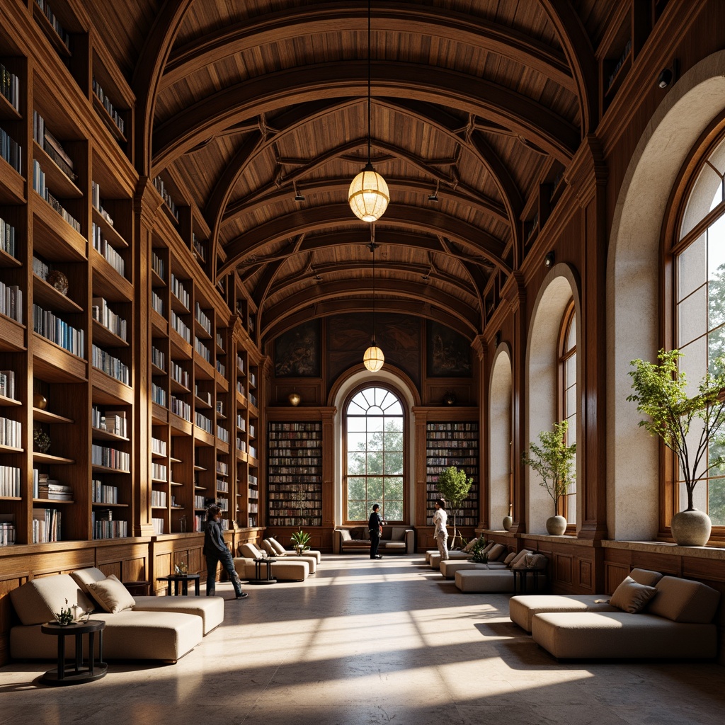 Prompt: Grand reading hall, high ceilings, ornate chandeliers, wooden bookshelves, comfortable seating areas, cozy reading nooks, natural stone floors, elegant archways, minimalist modern furniture, abundant natural light, soft warm lighting, 1/1 composition, symmetrical layout, harmonious color palette, rich textures, ambient occlusion, quiet atmosphere, studious ambiance, intricate architectural details.