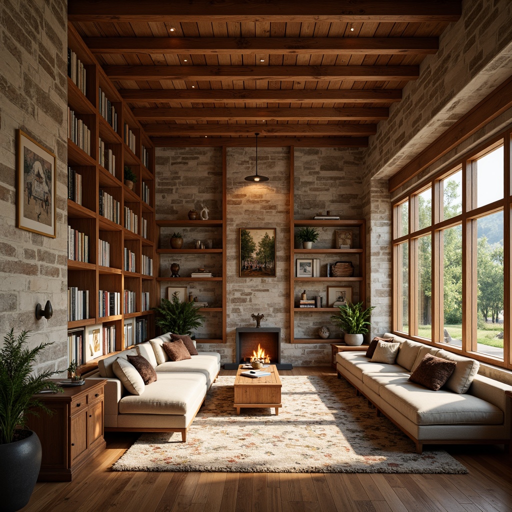 Prompt: Cozy reading nooks, wooden bookshelves, warm earthy tones, regional cultural artifacts, natural stone walls, rustic wooden beams, comfortable seating areas, soft warm lighting, rich wood accents, vintage maps, local artwork displays, plush carpets, minimalist decor, abundant natural light, floor-to-ceiling windows, panoramic views, harmonious color palette, eclectic furniture arrangement, organic textures, subtle patterned rugs.