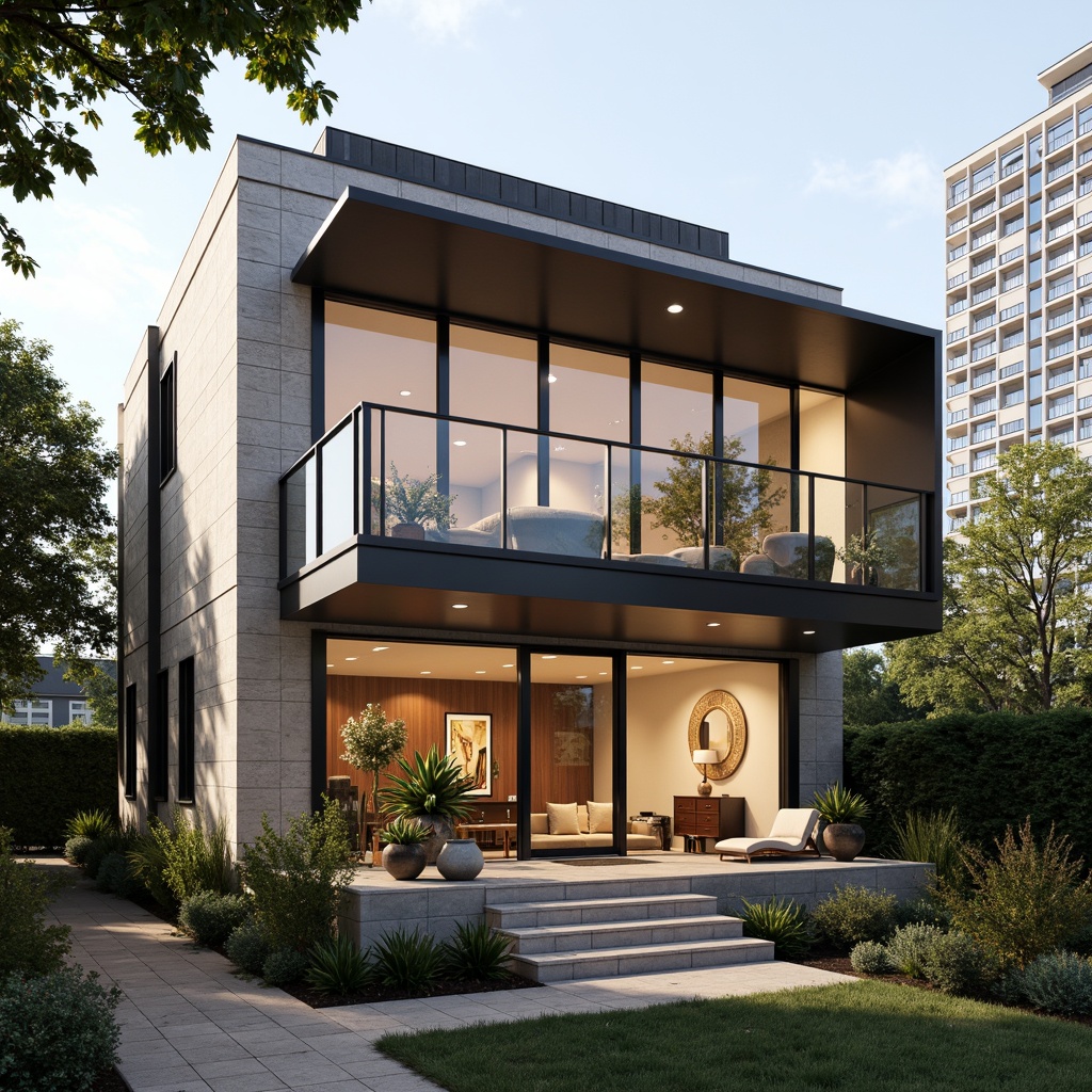 Prompt: Elegant modern facade, neutral color palette, sleek metallic accents, large glass windows, sliding doors, natural stone cladding, weathered wood trim, durable fiber-cement siding, industrial-style roofing, rust-resistant metal railings, lush greenery surroundings, urban cityscape background, warm golden lighting, shallow depth of field, 2/3 composition, realistic textures, ambient occlusion.