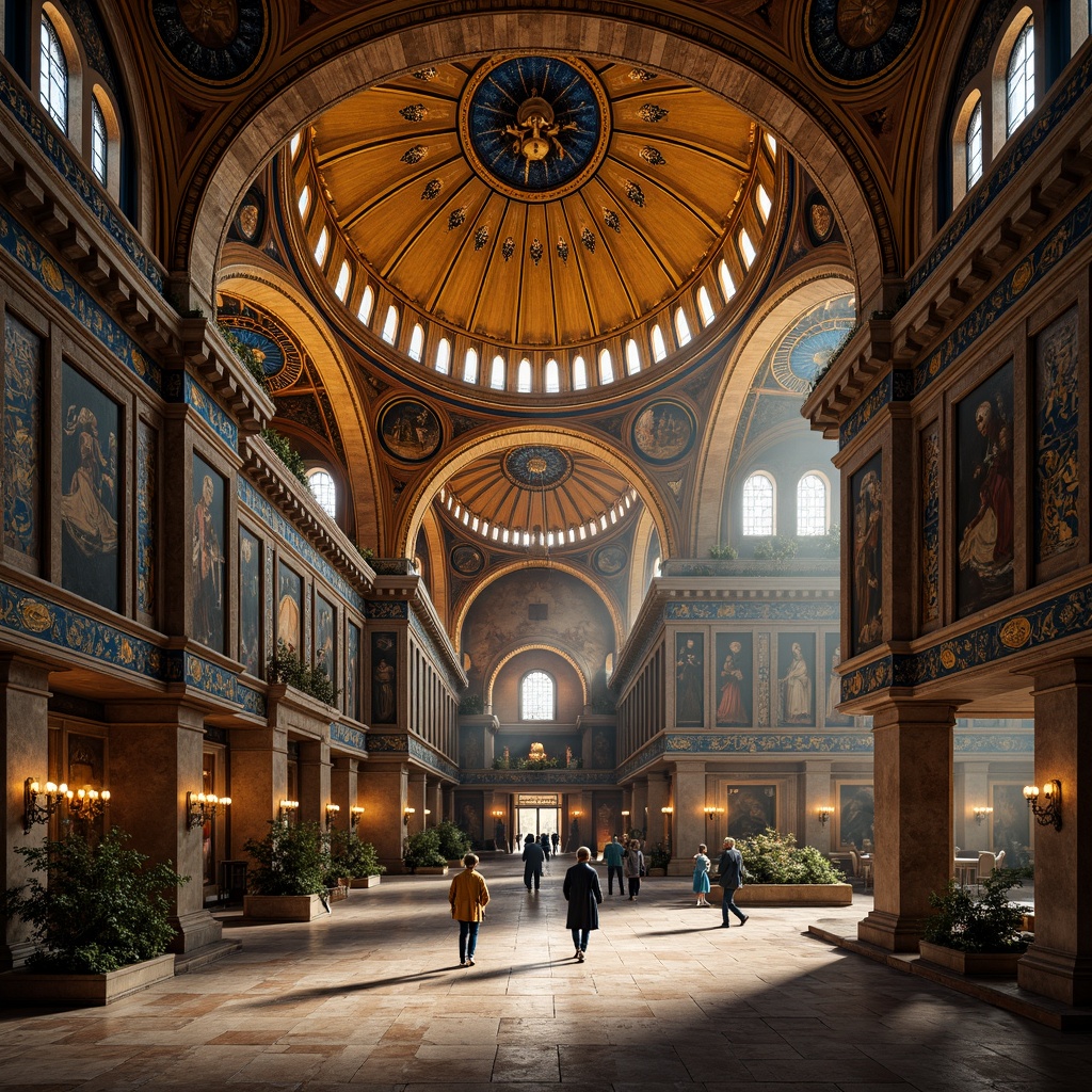 Prompt: Richly ornate Byzantine architecture, golden domes, intricate mosaics, warm terracotta tones, deep blue accents, rich jewel-toned frescoes, luxurious marble textures, ornate stone carvings, grandiose vaulted ceilings, dramatic chiaroscuro lighting, 1/1 composition, atmospheric perspective, highly detailed textures, realistic ambient occlusion.