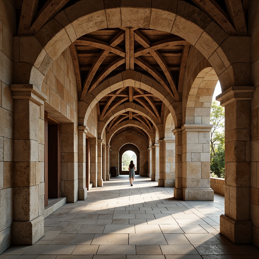 Prompt: Romanesque archway, ornate stone carvings, rustic brickwork, vaulted ceilings, grand entranceways, imposing columns, rounded doorways, intricate stonework, weathered fa\u00e7ades, classical proportions, soft warm lighting, shallow depth of field, 3/4 composition, panoramic view, realistic textures, ambient occlusion.