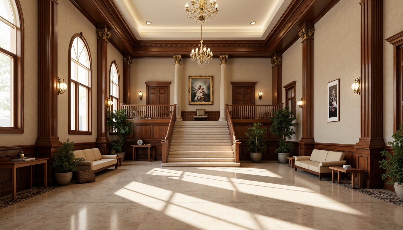 Prompt: Neoclassical courthouse, grand staircase, ornate chandeliers, rich wood paneling, neutral beige walls, dark wood accents, elegant cream marble floors, solemn atmosphere, natural light pouring through large windows, subtle warm lighting, high ceiling, dramatic arches, columns with ornate capitals, traditional architectural elements, formal courtrooms, professional office spaces, sophisticated color palette, muted earth tones, navy blue and gold accents, cream and burgundy highlights, refined textures, realistic rendering, 1/2 composition, classic perspective.