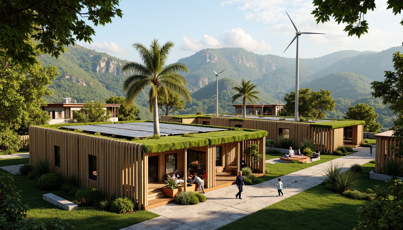 Prompt: Eco-friendly village, lush green roofs, solar panels, wind turbines, recycled metal buildings, natural stone walls, bamboo facades, low-carbon footprint, energy-efficient systems, rainwater harvesting, grey water reuse, organic gardens, native plant species, vibrant colorful textiles, intricate geometric motifs, warm soft lighting, shallow depth of field, 3/4 composition, panoramic view, realistic textures, ambient occlusion.