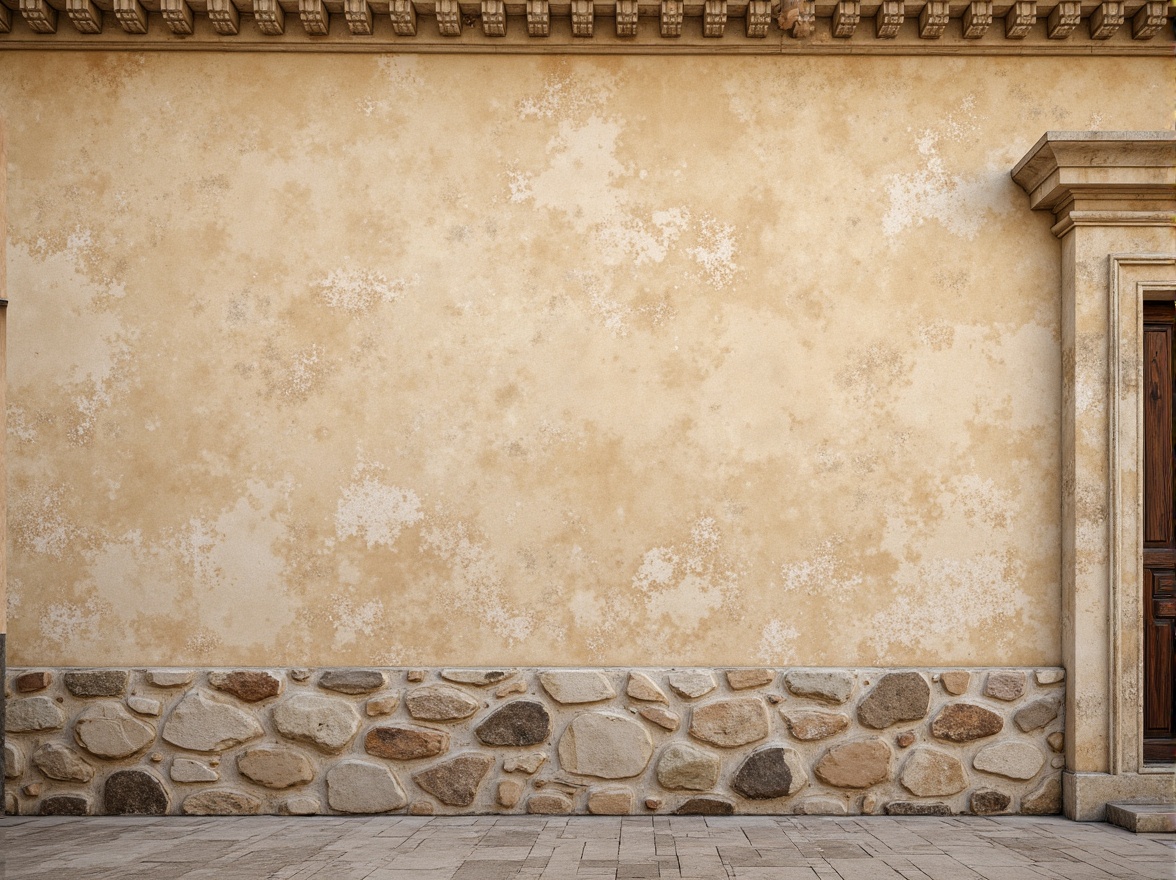 Prompt: Rustic wall, distressed plaster texture, earthy tone, rough-hewn stones, ornate moldings, decorative cornices, warm beige color, soft natural lighting, shallow depth of field, 1/1 composition, realistic textures, ambient occlusion, subtle crack details, aged patina, Mediterranean-inspired architecture, classic ornamental designs, traditional building materials, tactile surface quality.