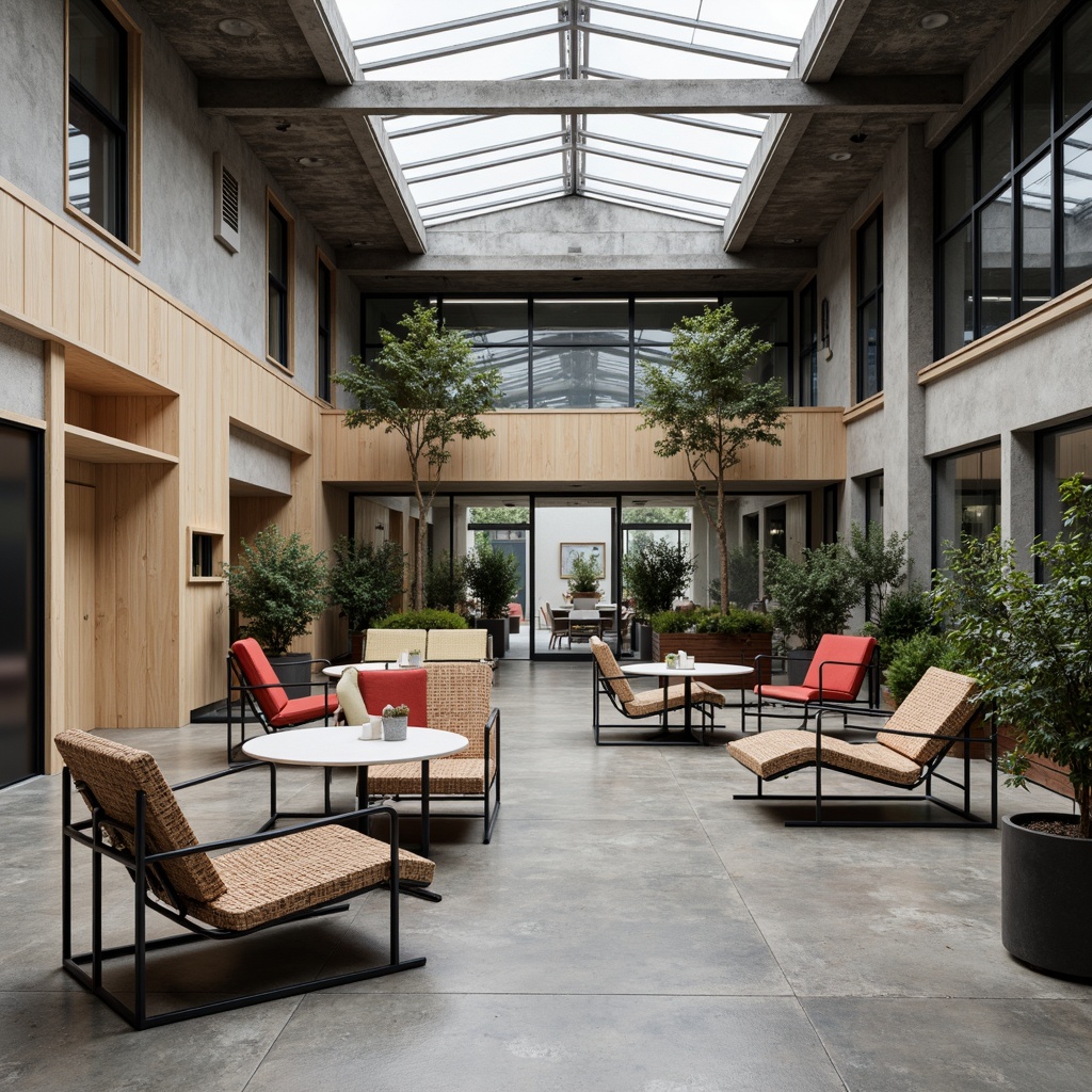 Prompt: Geometric seating arrangement, minimalist design, industrial metal frames, wooden accents, functional simplicity, avant-garde style, bold color schemes, tubular steel chairs, woven wicker details, angular lines, abstract shapes, monochromatic palette, natural materials, urban loft setting, polished concrete floors, large windows, industrial lighting fixtures, overhead skylights, 3/4 composition, shallow depth of field, realistic textures.