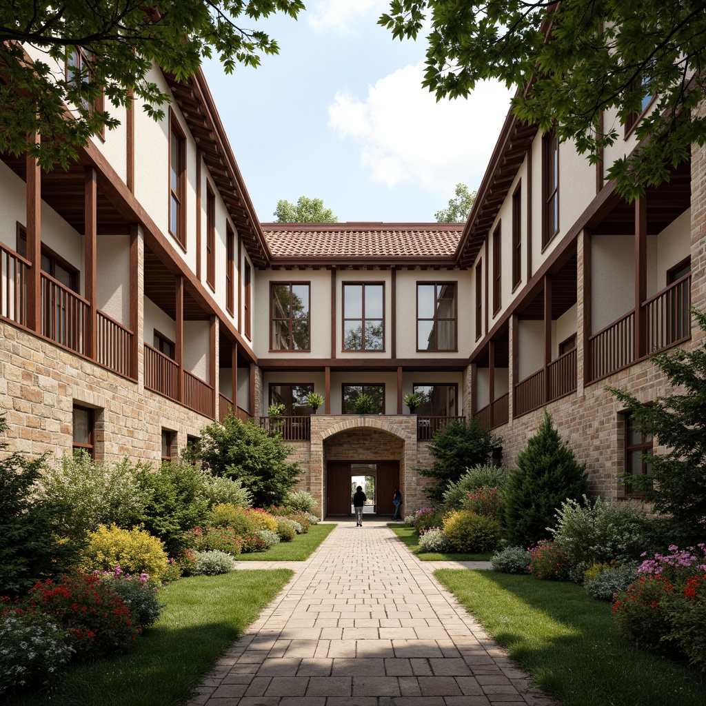 Prompt: Traditional university buildings, local stone walls, rustic brick facades, wooden accents, earthy tones, natural textures, cultural heritage, regional identity, harmonious blend of modern and traditional elements, lush green courtyards, vibrant flowers, mature trees, shaded walkways, warm ambient lighting, soft afternoon sun, 1/1 composition, realistic rendering, subtle color grading.