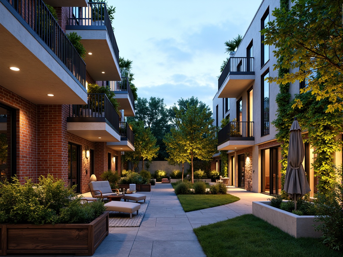 Prompt: Vibrant residential community, modern townhouses, sleek balconies, lush green walls, flower-filled planters, ornate metal railings, warm LED lighting, soft evening ambiance, 1/2 composition, shallow depth of field, realistic textures, ambient occlusion, cozy outdoor seating, natural stone pathways, wooden fencing, eclectic mix of brick and stucco exteriors, playful color schemes, dynamic architectural forms, innovative use of glass and steel, futuristic yet inviting atmosphere.