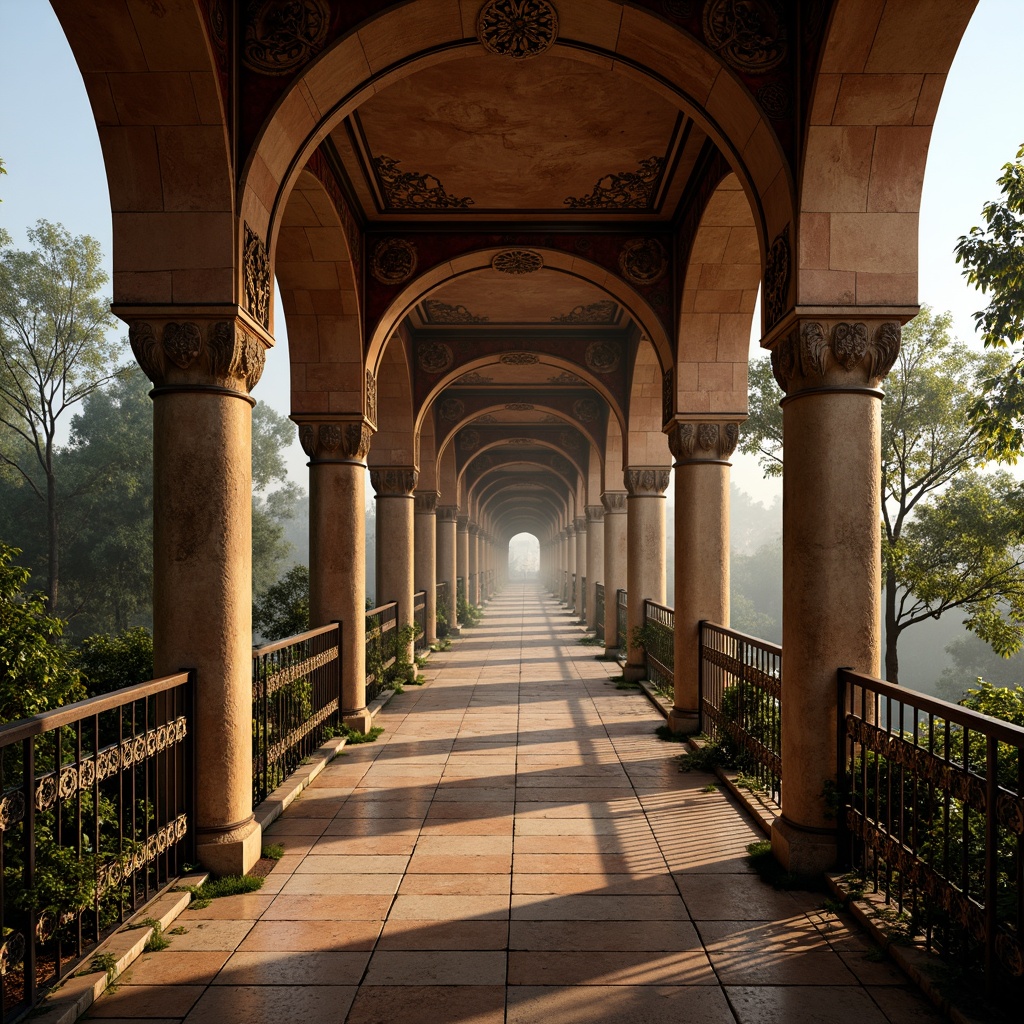 Prompt: Majestic Byzantine bridge, warm golden stone arches, ornate intricate carvings, rustic terracotta tiles, moss-covered stonework, atmospheric misty lighting, soft warm color palette, earthy tones, muted reds, burnt oranges, deep blues, rich greens, luxurious velvet textures, ornamental metalwork details, grandiose architectural elements, dramatic shadows, 1/2 composition, cinematic camera angles, realistic reflections.