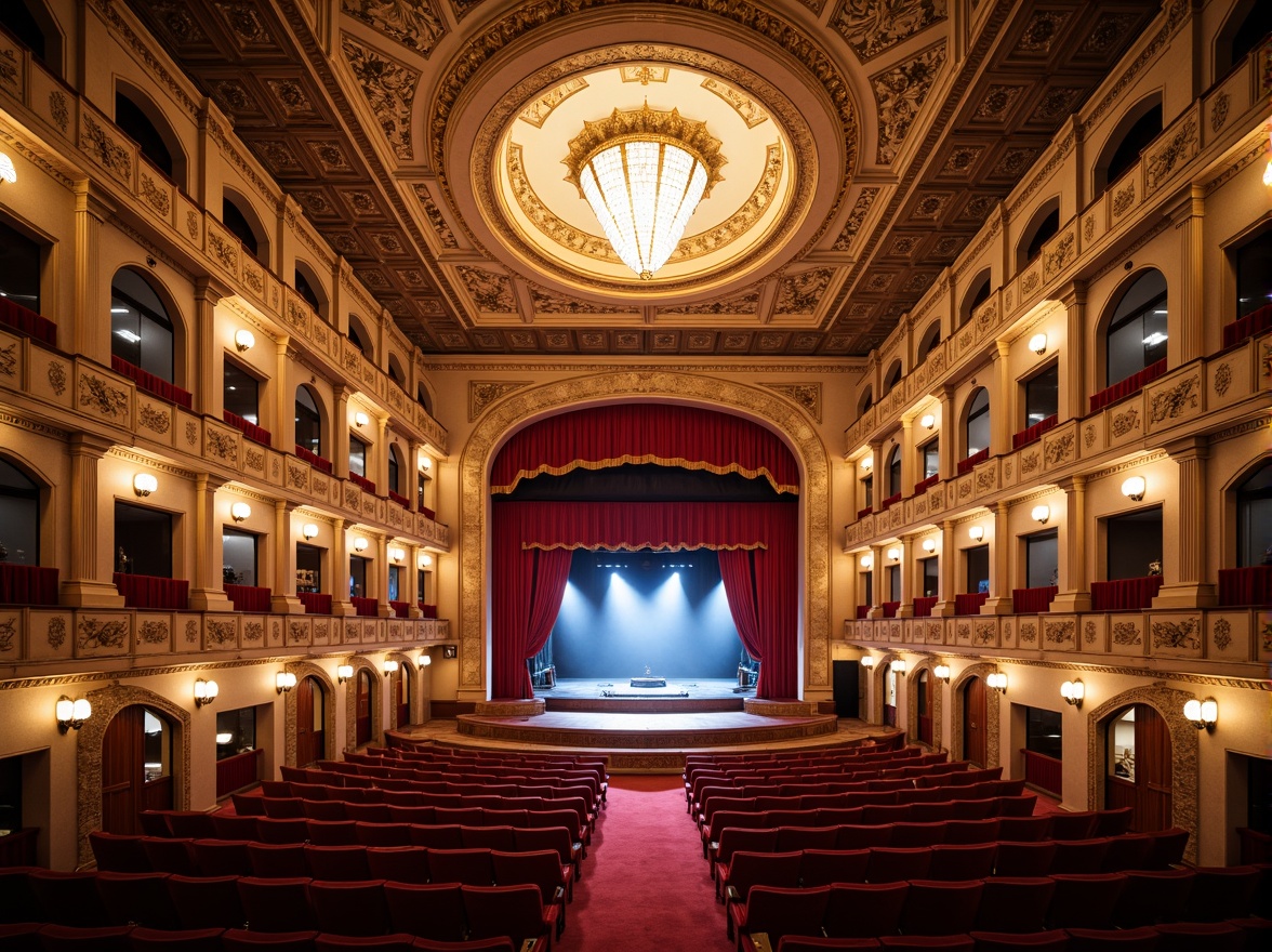 Prompt: Grand opera house, ornate columns, intricately carved capitals, majestic arches, sweeping staircases, lavish chandeliers, rich velvet curtains, gilded moldings, frescoed ceilings, marble floors, grand balconies, regal boxes, red carpeting, dramatic spotlights, soft warm glow, 1/2 composition, symmetrical framing, atmospheric fog, realistic reflections, detailed textures.