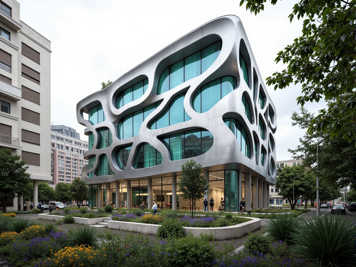 Prompt: Curved aluminium cladding, ornate metalwork, flowing organic patterns, modern Art Nouveau revival, sleek silver finish, subtle texture details, undulating fa\u00e7ade, asymmetrical composition, vibrant turquoise accents, lush greenery surroundings, urban cityscape, overcast sky, soft diffused lighting, shallow depth of field, 1/2 composition, realistic metallic reflections.