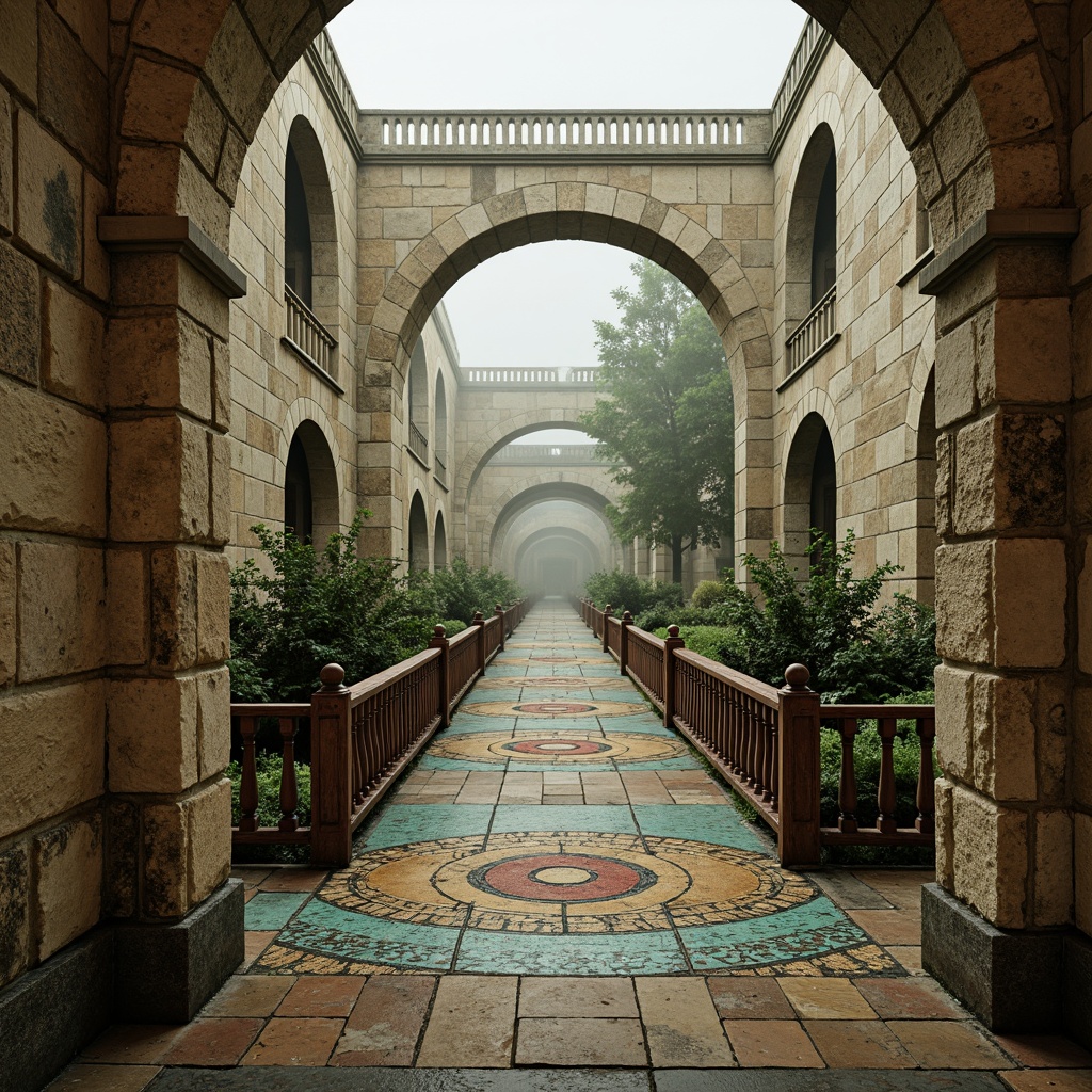 Prompt: Ancient stone bridges, ornate arches, rustic stonework, warm beige colors, earthy tones, moss-covered surfaces, subtle golden accents, rich turquoise hues, intricate mosaics, weathered copper details, aged wooden railings, mystical foggy atmosphere, soft diffused lighting, low-key shadows, 1/1 composition, symmetrical framing, realistic textures, atmospheric perspective.