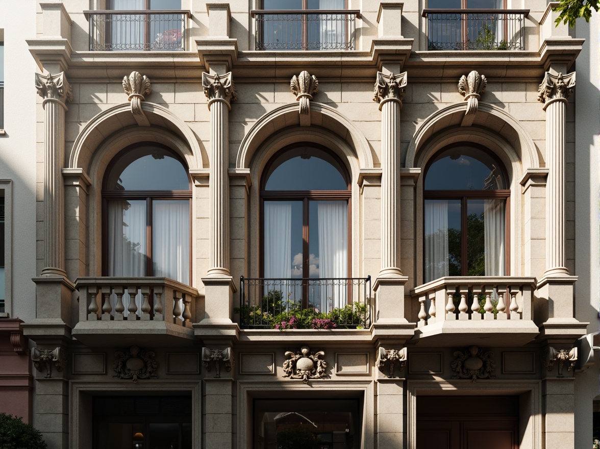 Prompt: Grandiose building facade, ornate columns, carved stonework, symmetrical composition, classical pediments, grand archways, intricate moldings, rusticated bases, ionic capitals, ornamental balconies, decorative railings, subtle color palette, soft natural lighting, shallow depth of field, 1/1 composition, realistic textures, ambient occlusion, urban cityscape, historic district, morning sunlight, misty atmosphere.