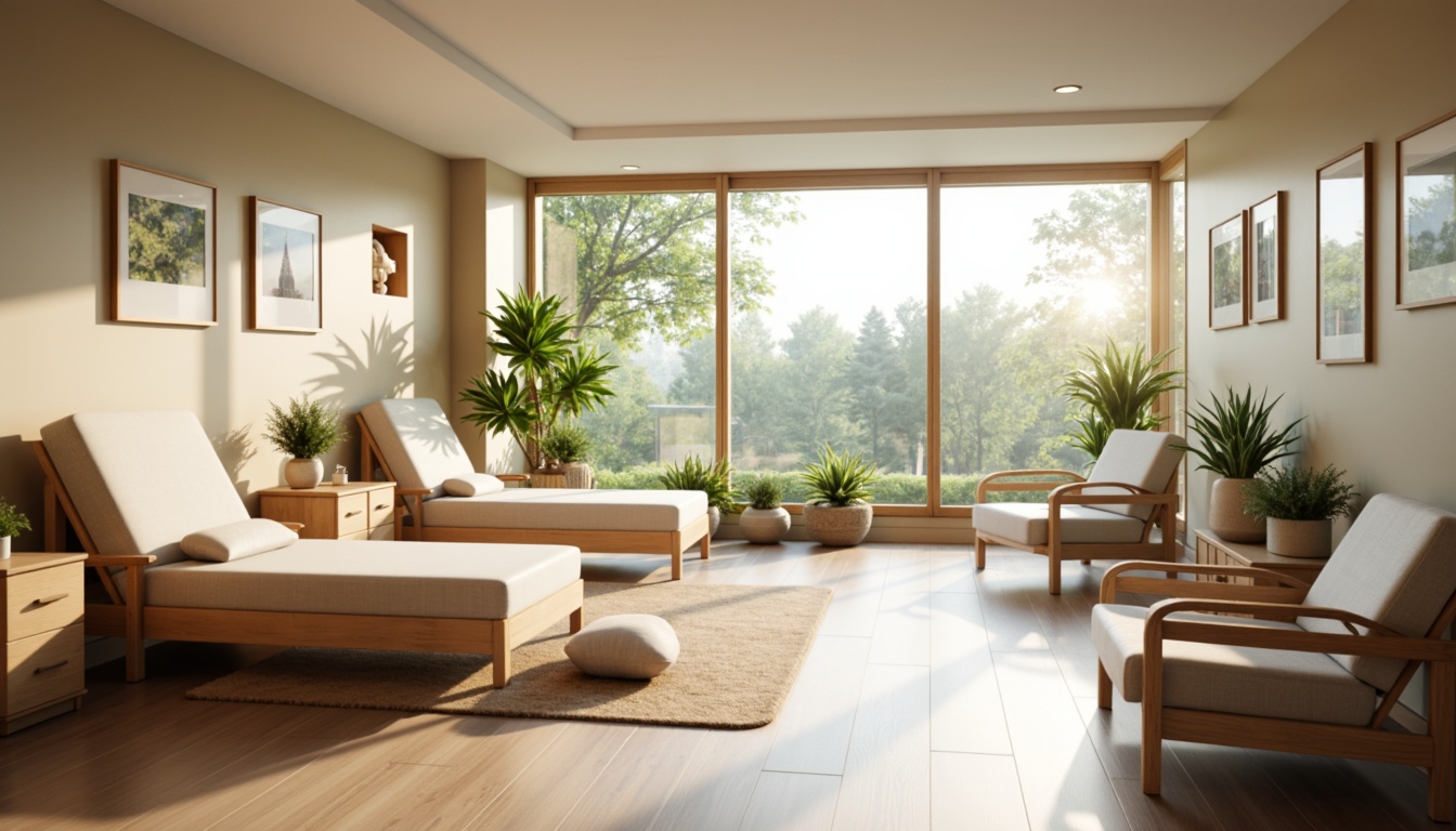 Prompt: \Soothing healthcare facility, abundant natural light, calming atmosphere, comfortable patient rooms, wooden furniture, pastel color schemes, soft cushions, gentle curves, minimal decor, floor-to-ceiling windows, greenery views, warm sunny day, soft shadows, subtle gradient lighting, shallow depth of field, 1/1 composition, realistic textures, ambient occlusion.\