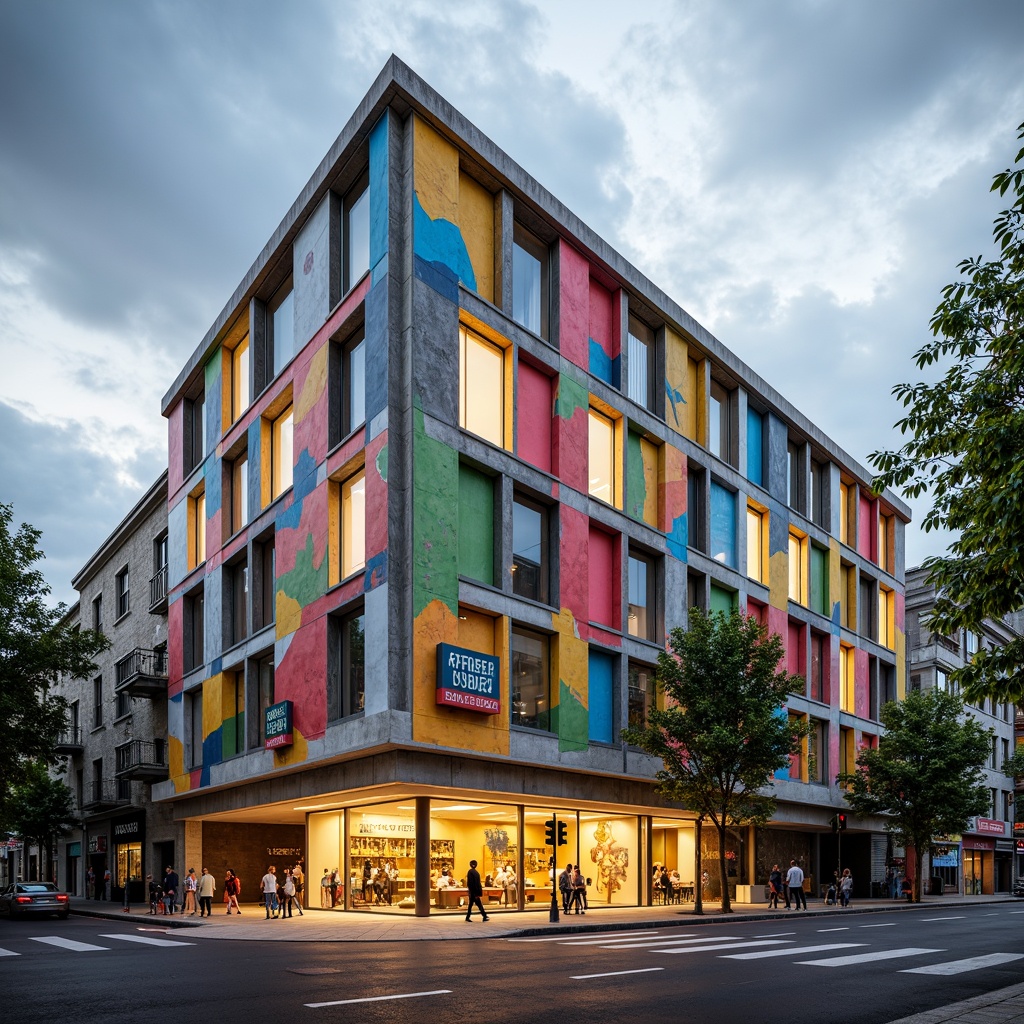 Prompt: Vibrant high school building, bold expressionist facade, dynamic geometric shapes, irregular forms, bright primary colors, abstract mural patterns, playful typography, eclectic mix of materials, rough concrete walls, smooth glass surfaces, industrial metal accents, whimsical sculptures, artistic graffiti, urban cityscape backdrop, overcast sky with dramatic clouds, warm golden lighting, shallow depth of field, 2/3 composition, Dutch angle shot, stylized textures, ambient occlusion.