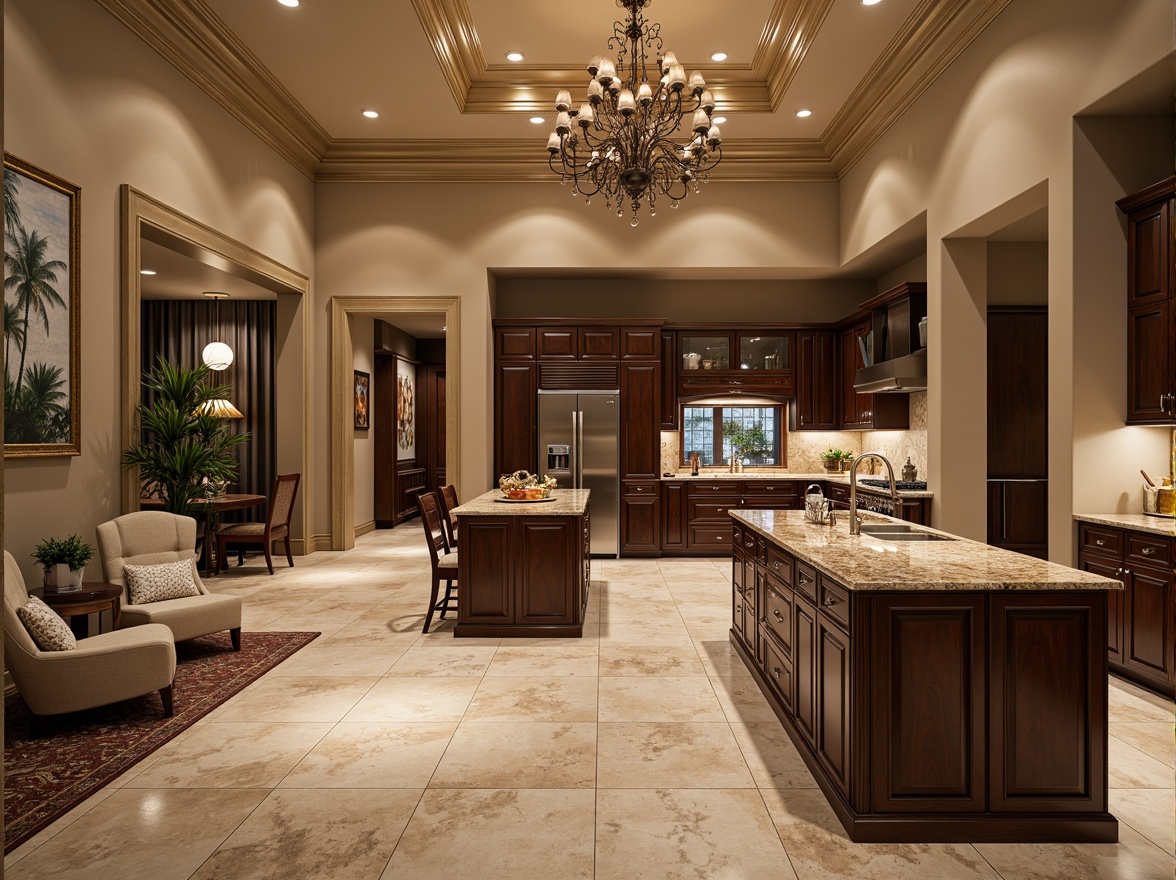 Prompt: Luxurious interior, polished granite countertops, rich earthy tones, natural stone textures, high-end kitchen design, modern cabinetry, stainless steel appliances, ambient lighting, warm beige walls, elegant furniture pieces, sophisticated decor, refined architectural details, grand chandelier, lavish flooring, premium quality materials, intricate patterns, 3D visualization, realistic rendering, shallow depth of field.