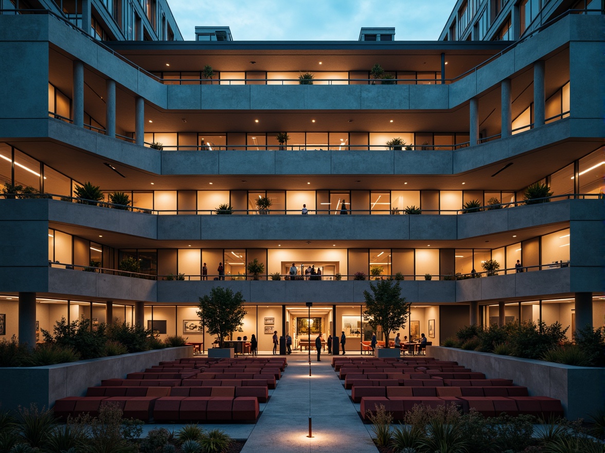 Prompt: Geometric auditorium, asymmetrical facade, rectangular windows, cantilevered balconies, industrial materials, exposed ductwork, raw concrete walls, minimalist decor, functional lighting, stepped seating, open floor plan, angular lines, bold color schemes, abstract art installations, modernist sculptures, urban cityscape, overcast sky, dramatic spotlights, high-contrast shadows, 1/2 composition, cinematic camera angles, gritty textures, ambient occlusion.