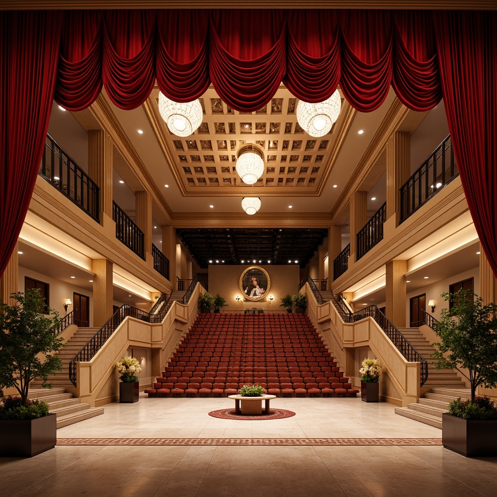 Prompt: Vibrant performing arts center, spacious lobby, grand staircase, polished marble floors, elegant chandeliers, plush red velvet curtains, tiered seating, orchestra pit, acoustic panels, professional lighting systems, soundproofing materials, flexible stage configurations, moveable partitions, retractable seats, VIP boxes, luxurious amenities, state-of-the-art technology integration, warm and inviting atmosphere, dramatic color scheme, sweeping archways, ornate moldings, grandiose ceiling design, softbox lighting, 1/2 composition, shallow depth of field, realistic textures.