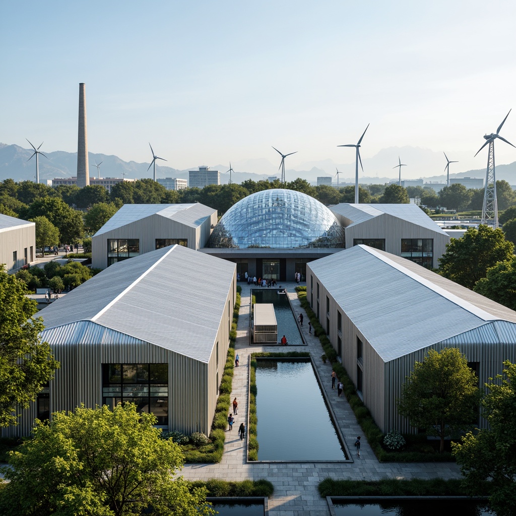 Prompt: Renewable energy power plant, futuristic industrial architecture, curved metal fa\u00e7ades, transparent glass roofs, solar panels integration, wind turbines installation, green roofs implementation, eco-friendly building materials, sustainable water management systems, innovative cooling technologies, shaded outdoor spaces, misting systems, minimal environmental footprint, natural ventilation strategies, optimized energy efficiency, carbon neutral operations, airy interior spaces, abundant natural light, industrial chic aesthetic, functional simplicity, 3/4 composition, shallow depth of field, panoramic view, realistic textures, ambient occlusion.