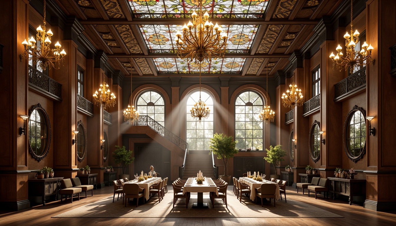 Prompt: Grandiose dining hall, ornate chandeliers, stained glass ceiling, elegant wooden paneling, luxurious velvet drapes, intricate metalwork, organic flowing lines, natural light pouring in, large windows with floral patterns, soft warm glow, 3/4 composition, shallow depth of field, realistic textures, ambient occlusion, majestic staircase, carved wooden banisters, ornate mirrors, refined furniture, sophisticated color palette, earthy tones, botanical motifs.