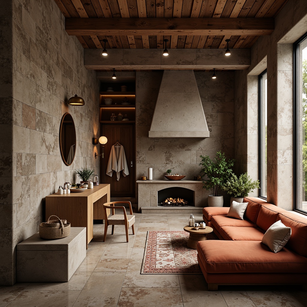 Prompt: Richly detailed stone walls, rough-hewn wooden accents, smooth metallic surfaces, glassy reflections, velvety soft upholstery, natural fiber rugs, earthy terracotta tiles, distressed concrete finishes, luxurious marble countertops, intricate mosaic patterns, ambient lighting effects, shallow depth of field, 1/2 composition, realistic rendering, atmospheric perspective.