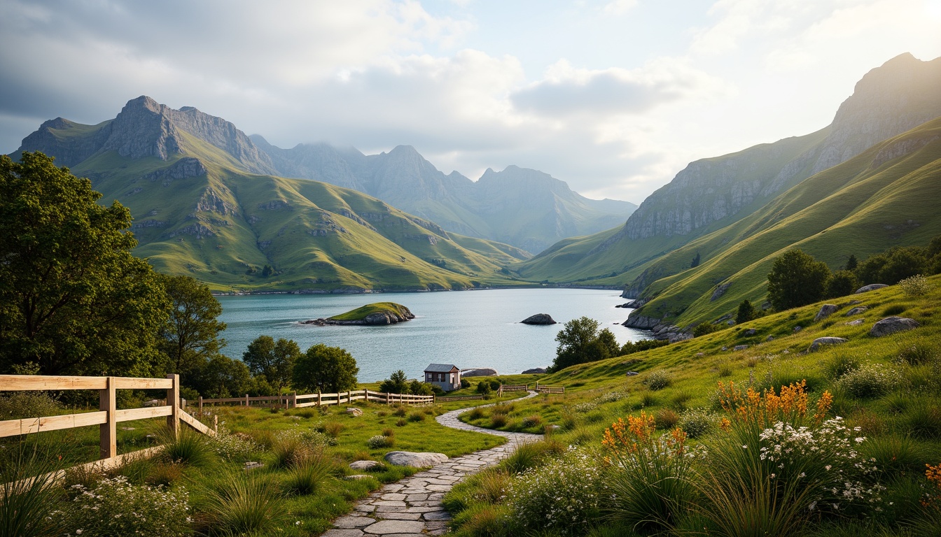 Prompt: Rolling hills, lush meadows, serene lakeside, majestic mountains, rustic wooden fences, meandering stone pathways, vibrant wildflowers, natural rock formations, earthy tones, organic shapes, seamless transitions, harmonious color palette, soft warm lighting, atmospheric fog effects, 1/1 composition, realistic textures, ambient occlusion.