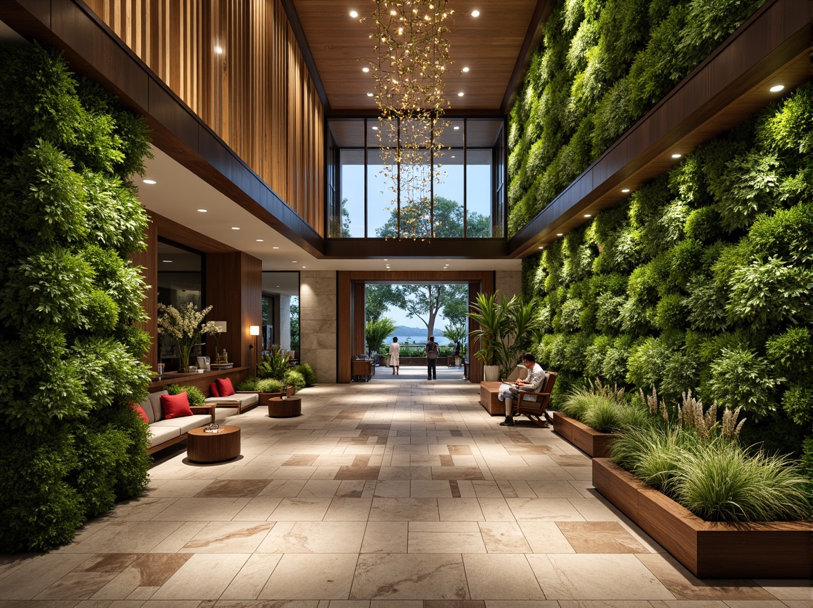 Prompt: Luxurious hotel lobby, lavish green walls, natural stone flooring, reclaimed wood accents, energy-efficient lighting, floor-to-ceiling windows, biophilic design, living roofs, solar panels, wind turbines, rainwater harvesting systems, grey water reuse, organic gardens, native plant species, serene ambiance, warm neutral color palette, soft diffused lighting, shallow depth of field, 3/4 composition, panoramic view, realistic textures, ambient occlusion.