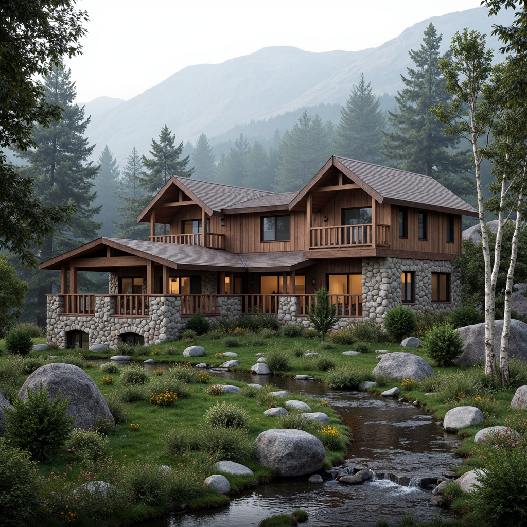 Prompt: Rustic mountain lodge, eclectic exterior, natural stone fa\u00e7ade, reclaimed wood accents, asymmetrical rooflines, irregularly shaped windows, earthy color palette, lush greenery, wildflowers, birch trees, winding stone pathways, meandering streams, rocky outcroppings, misty morning atmosphere, soft diffused lighting, shallow depth of field, 2/3 composition, cinematic view, realistic textures, ambient occlusion.