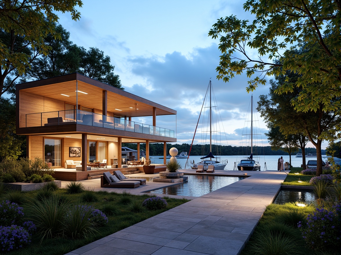 Prompt: Luxurious boathouse, modern nautical architecture, waterfront location, serene lake views, wooden docks, sailboats, yachts, marine equipment, rustic wood accents, glass windows, sliding doors, outdoor lounge areas, comfortable seating, warm string lighting, natural stone pathways, lush greenery, tranquil atmosphere, shallow water reflections, 1/1 composition, realistic wave simulations, ambient occlusion.