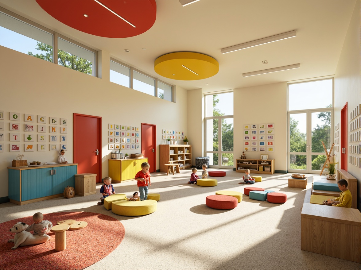 Prompt: Vibrant kindergarten interior, bright primary colors, playful polka dots, soft pastel hues, whimsical wall murals, educational alphabet decorations, sturdy wooden furniture, cozy carpeted floors, natural light pouring in, warm beige walls, cheerful yellow accents, calming blue undertones, creative art stations, interactive learning tools, child-friendly textures, rounded safety corners, gentle cream-colored ceilings, inviting reading nooks, collaborative play areas, stimulating color contrasts, harmonious visual balance.