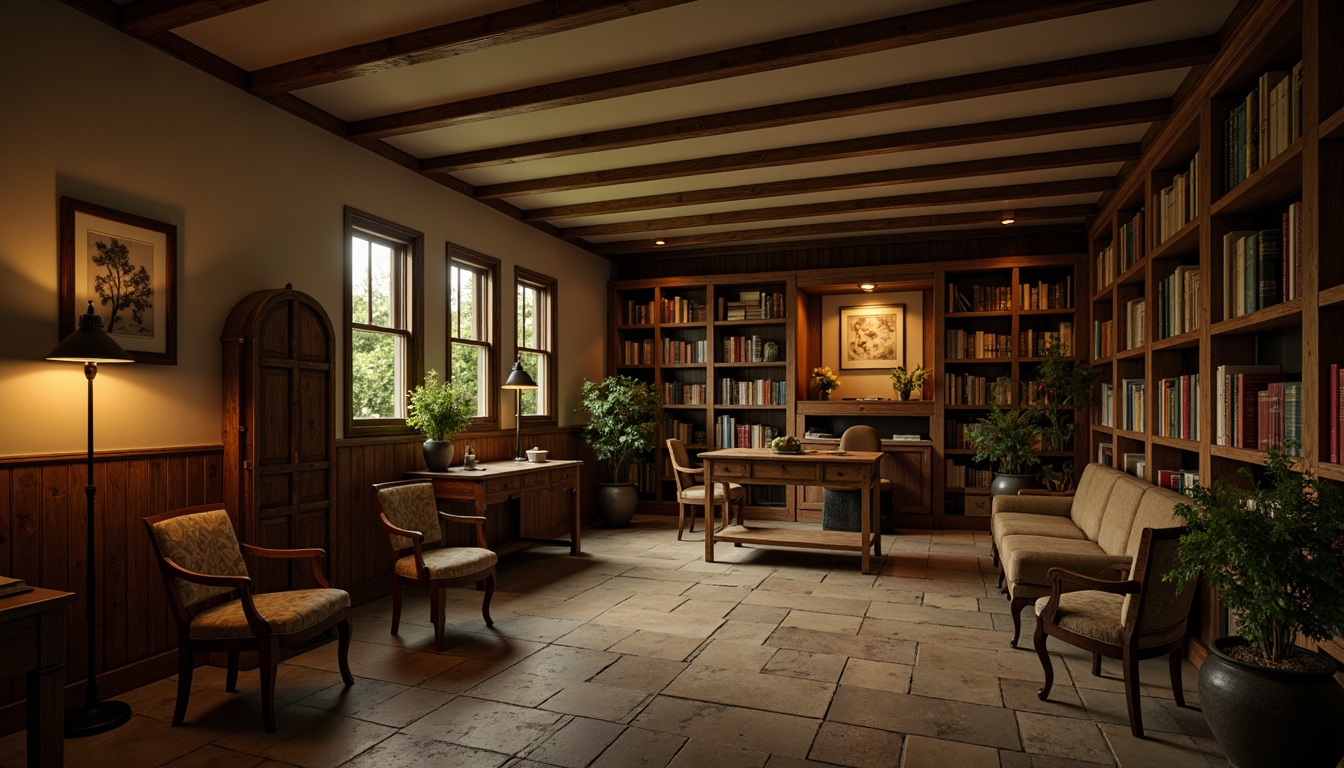 Prompt: Rustic academic setting, earthy tones, rich wood accents, warm beige walls, vintage leather-bound books, distressed metal fixtures, dimly lit atmosphere, soft warm lighting, shallow depth of field, 3/4 composition, realistic textures, ambient occlusion, worn stone floors, ornate wooden paneling, classic library lamps, cozy reading nooks, subtle color contrasts, muted greenery, traditional architectural details.