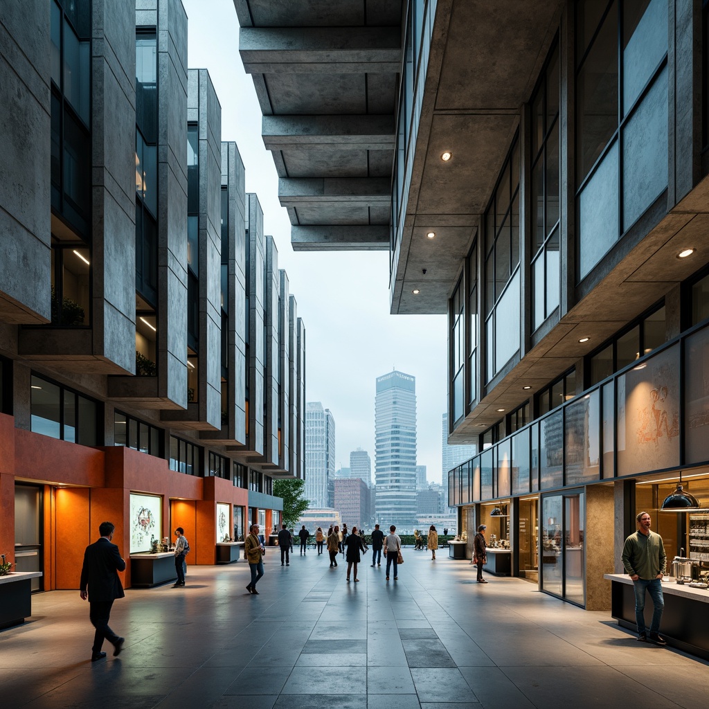 Prompt: Rugged science center, brutalist architecture, raw concrete walls, exposed ductwork, industrial metal beams, angular geometric shapes, monumental scale, dramatic cantilevered roofs, bold color accents, futuristic laboratory equipment, sleek glass partitions, minimalist interior design, natural light pouring in, high ceilings, urban cityscape background, overcast sky, moody atmospheric lighting, 1/1 composition, symmetrical framing, realistic material textures, ambient occlusion.