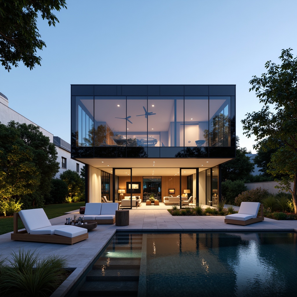 Prompt: Luxurious modern villa, sleek glass facade, minimalist lines, reflective surfaces, transparent walls, floor-to-ceiling windows, sliding glass doors, open-plan living space, polished concrete floors, ambient natural light, soft warm illumination, subtle shadows, elegant simplicity, sophisticated textures, metallic accents, greenery-filled courtyards, tranquil water features, serene atmosphere, shallow depth of field, 1/1 composition, realistic reflections.