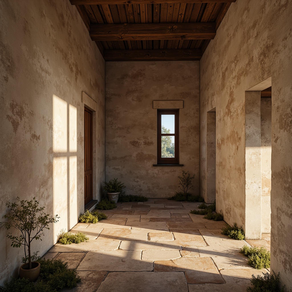 Prompt: Rustic textured walls, rough-hewn plaster surfaces, earthy tone color palette, organic material textures, natural stone accents, distressed finishes, vintage decorative elements, ornate molding details, soft warm lighting, shallow depth of field, 1/2 composition, realistic rendering, ambient occlusion, subtle bump mapping.