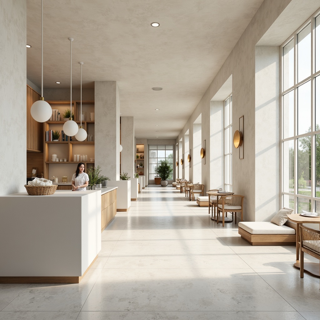 Prompt: Monochromatic dining hall, minimalist decor, creamy whites, soft grays, warm beiges, natural wood tones, subtle textures, sleek lines, modern furniture, simple lighting fixtures, pendant lamps, floor-to-ceiling windows, abundant natural light, airy atmosphere, shallow depth of field, 1/1 composition, realistic renderings, ambient occlusion.