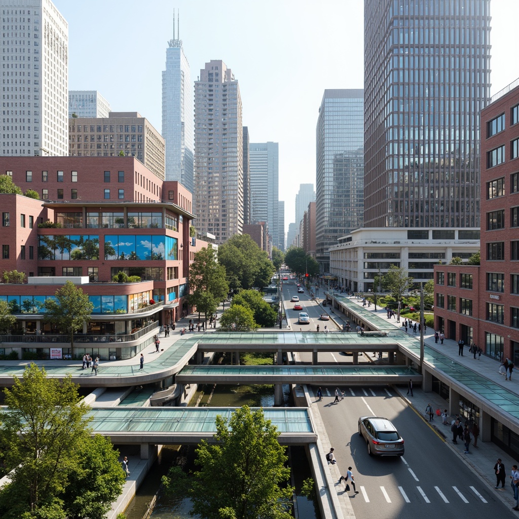 Prompt: Modern pedestrian bridge, sleek metal arches, glass floors, urban cityscape, bustling streets, vibrant street art, eclectic skyscrapers, lush green roofs, public transportation hubs, busy intersections, morning commute, soft natural lighting, 1/1 composition, shallow depth of field, realistic reflections, ambient occlusion, futuristic architecture, innovative engineering, sustainable design, eco-friendly materials, integrated urban planning.