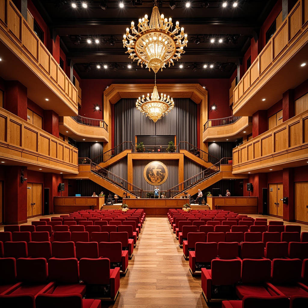 Prompt: \Grand concert hall, ornate chandeliers, plush red velvet seats, polished wooden floors, sweeping staircases, dramatic spotlights, rich wood tones, acoustic panels, state-of-the-art sound systems, professional lighting rigs, spacious backstage areas, luxurious VIP lounges, vibrant color schemes, dynamic stage designs, 3/4 composition, low-angle shots, warm golden lighting, realistic textures, ambient occlusion.\