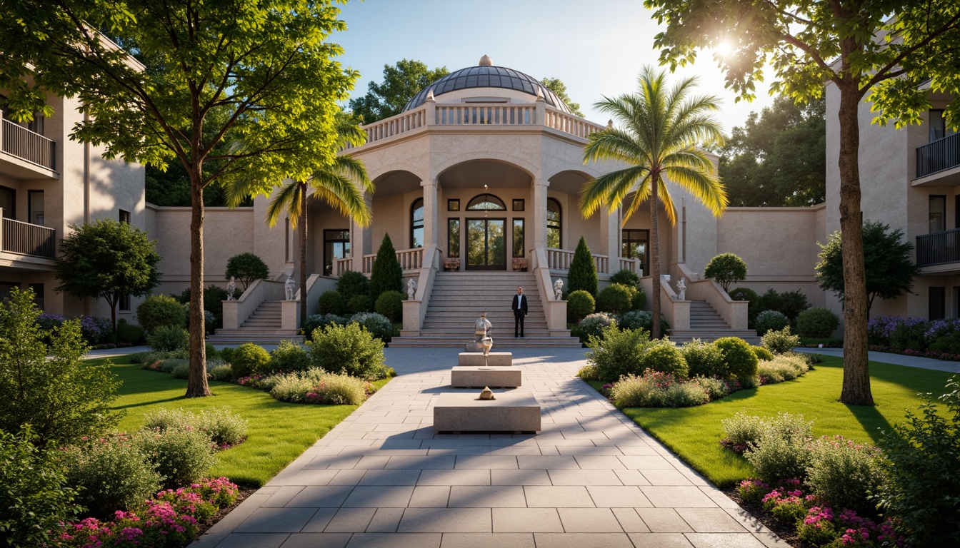 Prompt: Manicured lawns, ornate fountains, grand staircases, majestic columns, symmetrical pathways, vibrant flower beds, sculpted hedges, elegant statues, rustic stone walls, lantern-style lighting, soft warm ambiance, afternoon sunlight, shallow depth of field, 1/1 composition, realistic textures, ambient occlusion.