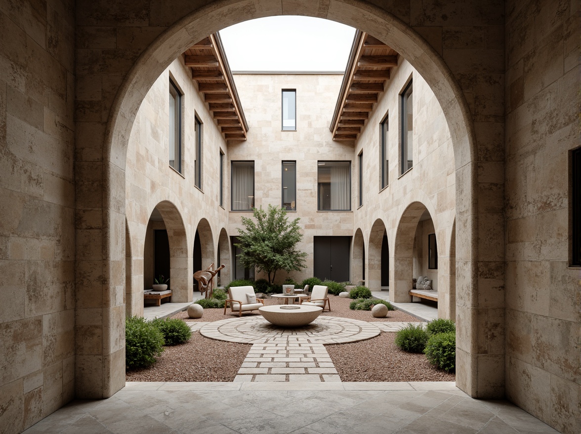 Prompt: Minimalist monastery courtyard, rustic stone walls, wooden accents, simple yet elegant arches, clean lines, functional simplicity, monochromatic color scheme, natural light pouring through clerestory windows, sparse greenery, gravel pathways, Bauhaus-inspired typography, geometric patterns, abstract sculptures, industrial materials, distressed textures, warm soft lighting, shallow depth of field, 1/1 composition, symmetrical framing.