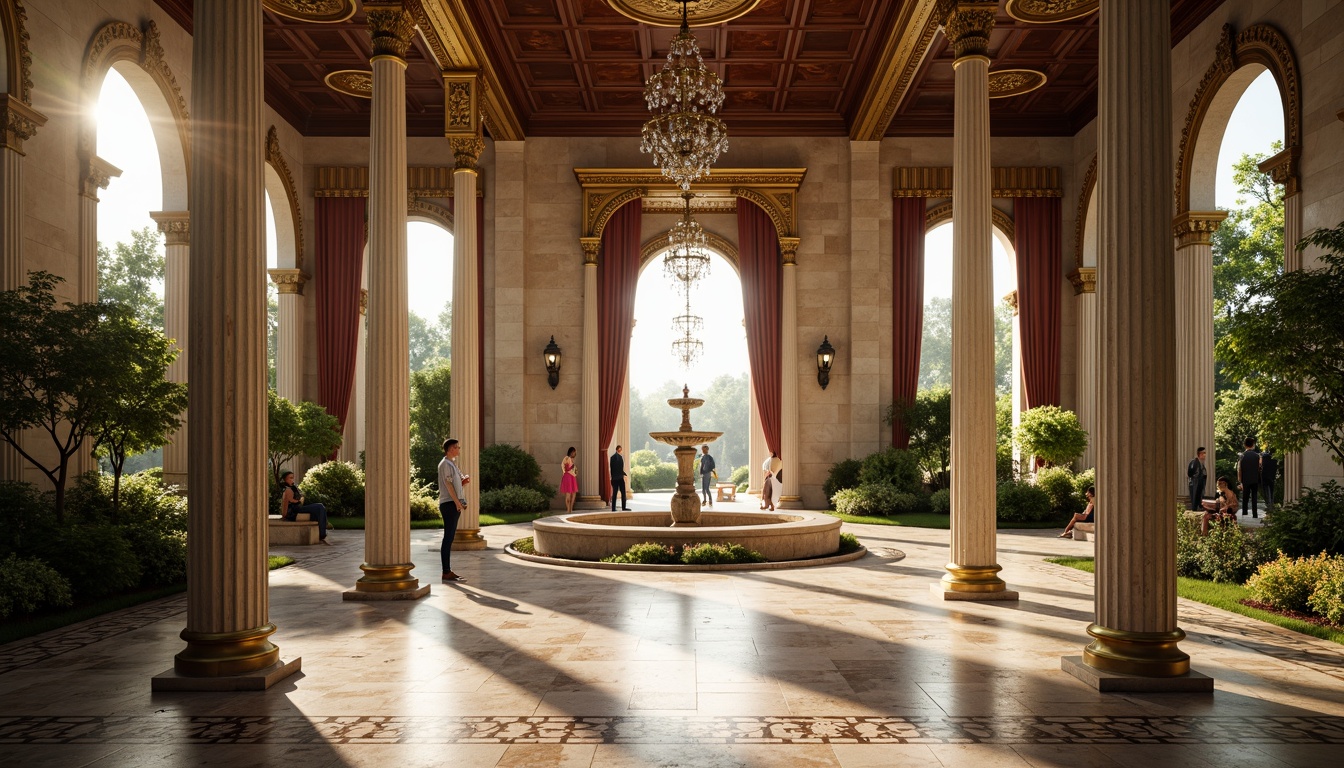 Prompt: Grandiose columns, ornate carvings, marble flooring, limestone fa\u00e7ade, copper roofing, intricate moldings, rich wood paneling, velvet drapes, crystal chandeliers, stately fountains, lush greenery, manicured lawns, serene natural lighting, warm golden tone, symmetrical composition, 1/1 aspect ratio, high dynamic range, realistic textures, ambient occlusion.