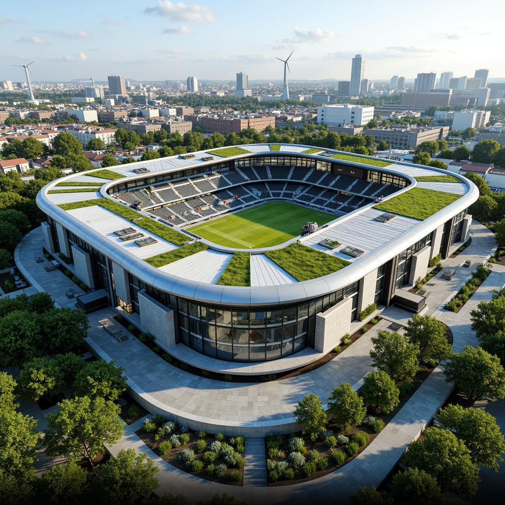 Prompt: Eco-friendly modern stadium, green roof, solar panels, wind turbines, rainwater harvesting system, recycled building materials, low-carbon footprint, natural ventilation, abundant daylight, LED lighting, energy-efficient systems, sustainable landscaping, native plant species, urban garden, futuristic architecture, curved lines, sleek metallic fa\u00e7ade, transparent glass walls, open-air concourses, shaded seating areas, misting systems, vibrant color schemes, geometric patterns, dynamic illumination, 3/4 composition, panoramic view, realistic textures, ambient occlusion.