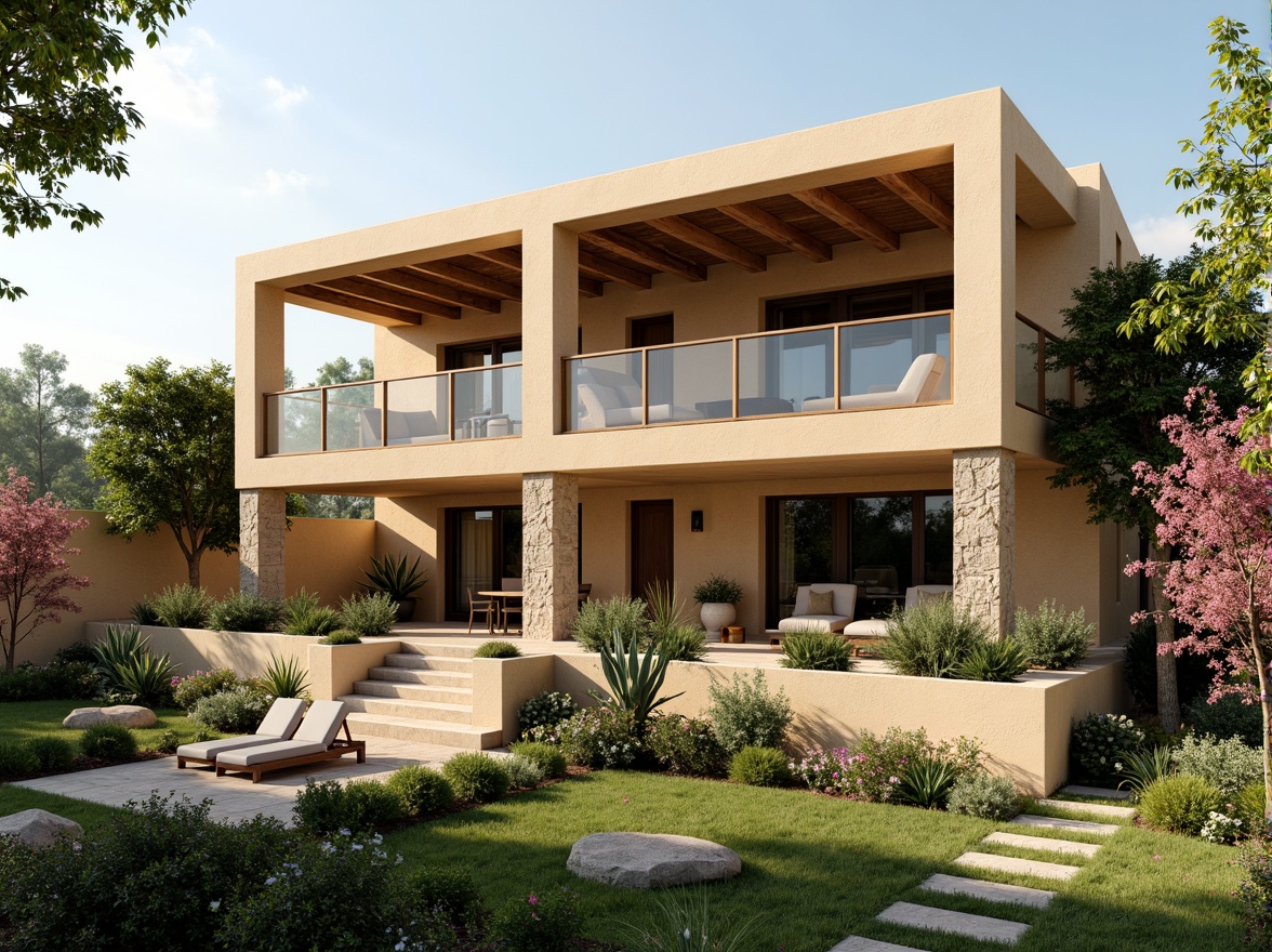 Prompt: Modern luxurious villa, warm beige stucco exterior, large windows, sliding glass doors, rustic wood accents, natural stone columns, Mediterranean-inspired architecture, lush greenery, blooming flowers, sunny day, soft warm lighting, shallow depth of field, 3/4 composition, panoramic view, realistic textures, ambient occlusion.