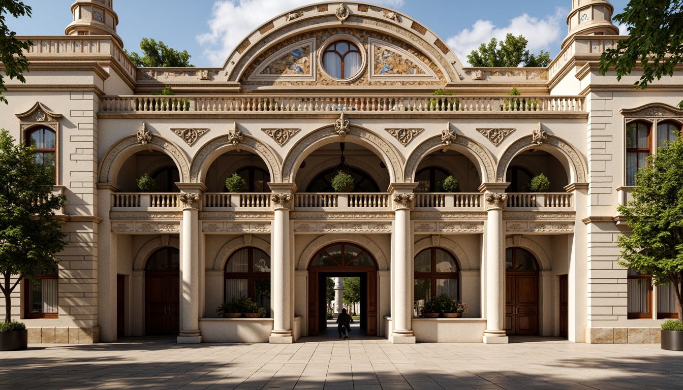 Prompt: Ornate classical facade, grandiose columns, intricately carved details, symmetrical composition, balanced proportions, limestone walls, ornamental stucco, richly colored frescoes, decorative cornices, arched windows, pilasters, rusticated quoins, elegant entablatures, refined moldings, subtle shading, warm natural light, shallow depth of field, 2/3 composition, classicist architecture, traditional European influence.