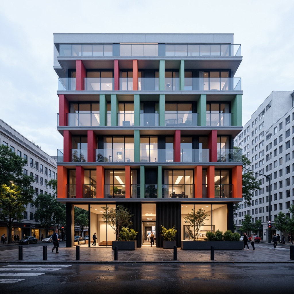 Prompt: Geometric modernist building, asymmetrical facade, cantilevered volumes, bold color blocking, minimalist ornamentation, sleek metal frames, floor-to-ceiling glass windows, sliding doors, LED lighting installations, urban cityscape, morning misty atmosphere, shallow depth of field, 1/1 composition, symmetrical reflection, abstract textures, ambient occlusion.