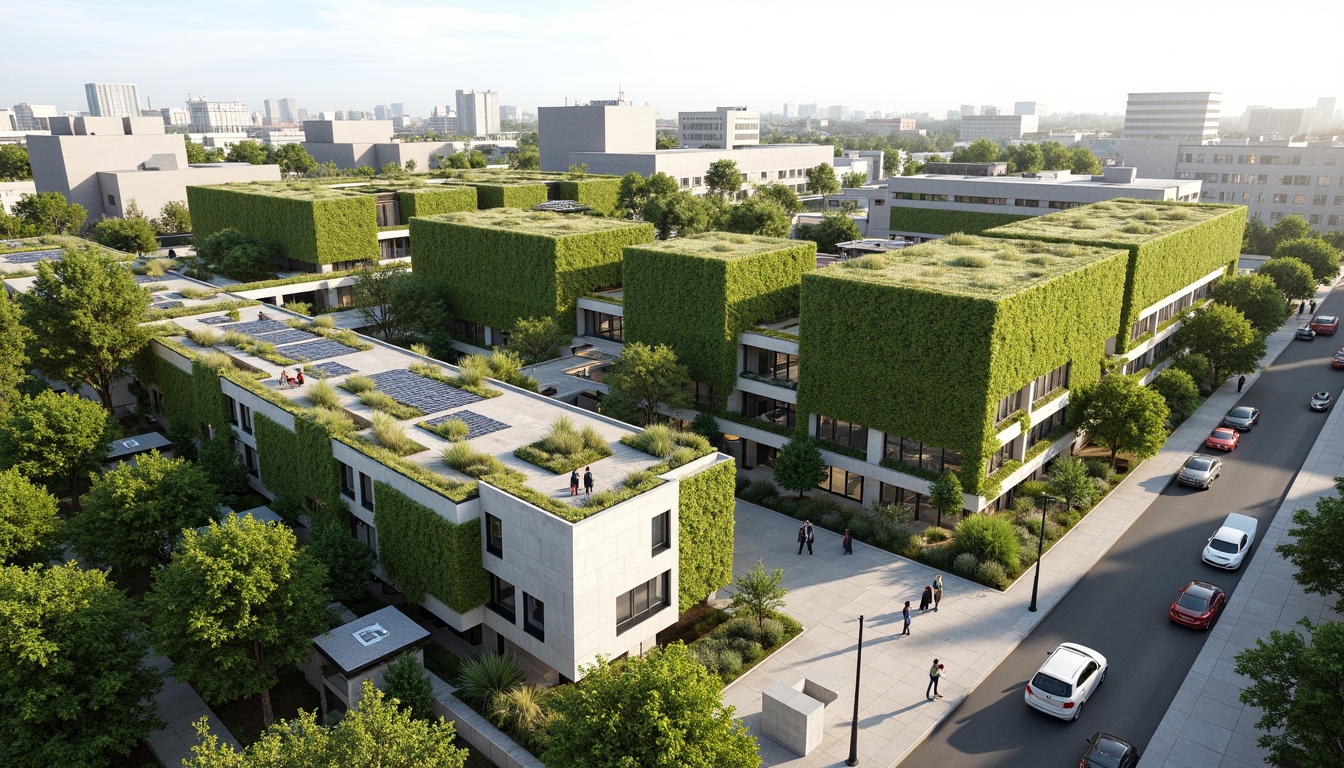 Prompt: Eco-friendly building integration, lush green roofs, verdant walls, solar panels, wind turbines, rainwater harvesting systems, grey water reuse, natural ventilation, passive design strategies, optimized building orientation, minimal site disturbance, preserved natural habitats, native plant species, organic landscaping, permeable pavement, reduced stormwater runoff, efficient irrigation systems, sustainable urban planning, pedestrian-friendly access, electric vehicle charging stations, shaded outdoor spaces, soft natural lighting, 1/1 composition, realistic textures, ambient occlusion.