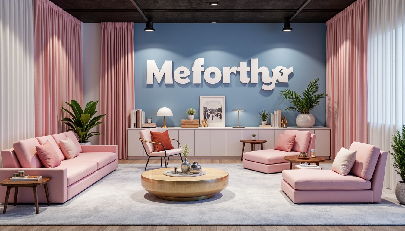 Prompt: Vibrant design studio, modern interior space, bold typography, pastel color scheme, soft pink accents, deep blue backgrounds, creamy white textures, metallic gold details, luxurious velvet fabrics, dramatic lighting effects, shallow depth of field, 1/1 composition, realistic reflections, ambient occlusion.