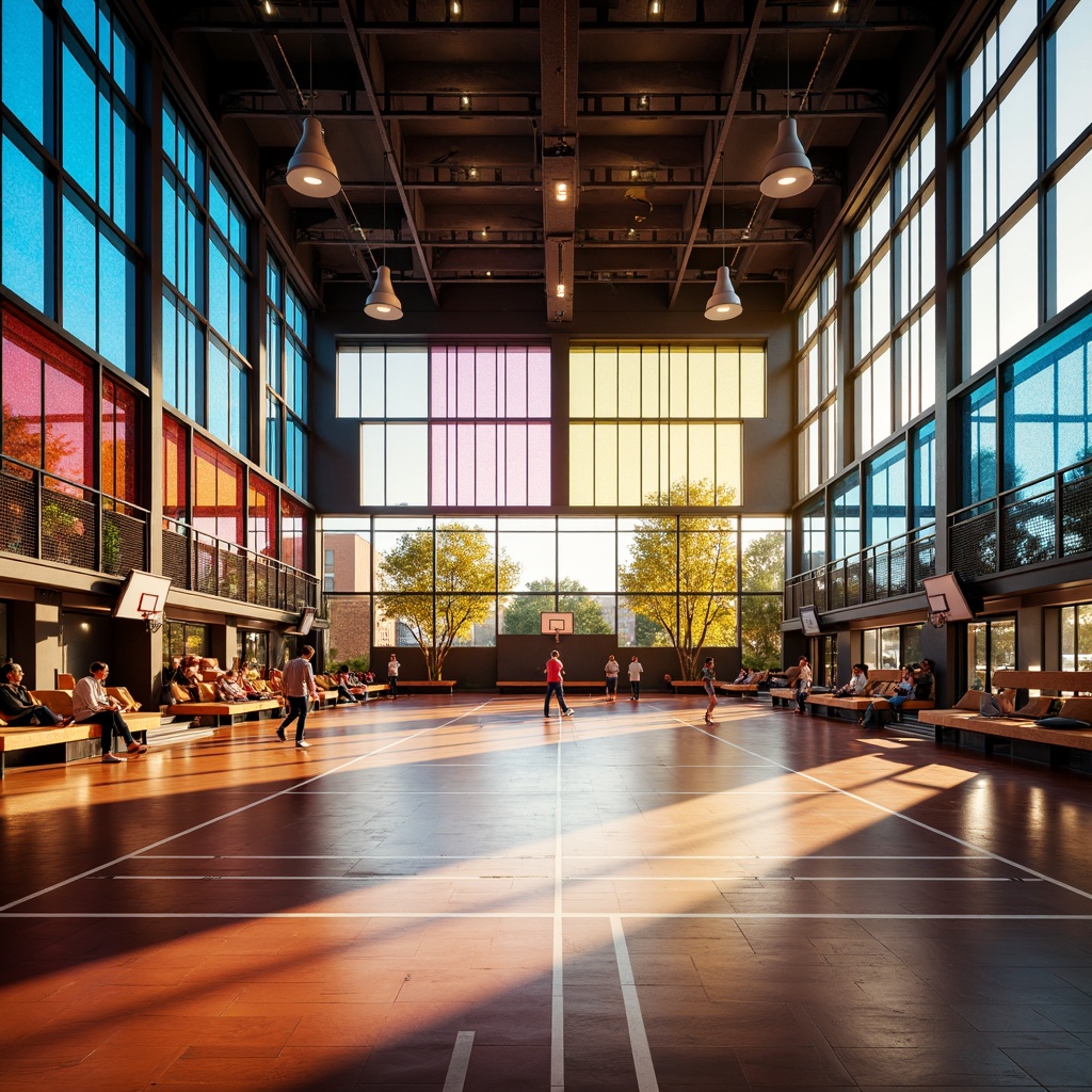 Prompt: Vibrant gymnasium interior, colored glass windows, natural light filtering, warm ambiance, athletic equipment, basketball hoops, sports flooring, wooden bleachers, modern architecture, sleek lines, minimalist design, energy-efficient systems, LED lighting, dynamic color schemes, geometric patterns, abstract textures, 3/4 composition, shallow depth of field, panoramic view.