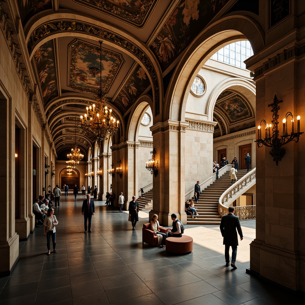 Prompt: Ornate train station, grandiose entrance hall, sweeping staircases, dramatic chandeliers, richly ornamented columns, intricate moldings, gilded details, ornamental plasterwork, frescoed ceilings, vaulted arches, imposing stone fa\u00e7ades, bustling urban setting, warm golden lighting, soft focus, 1/2 composition, atmospheric perspective.