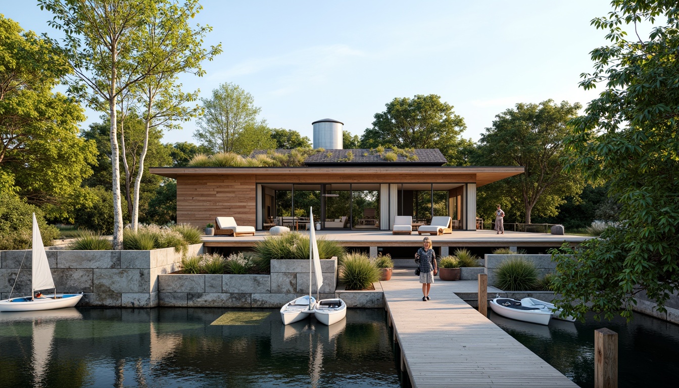 Prompt: Waterfront location, wooden dock, sailing boats, kayaks, paddleboards, lush greenery, native plants, natural stone foundation, reclaimed wood exterior, large windows, sliding glass doors, open floor plan, minimalist interior design, sustainable building materials, solar panels, rainwater harvesting system, green roof, living walls, eco-friendly insulation, recycled metal accents, nautical-themed decor, soft warm lighting, shallow depth of field, 3/4 composition, panoramic view, realistic textures, ambient occlusion.