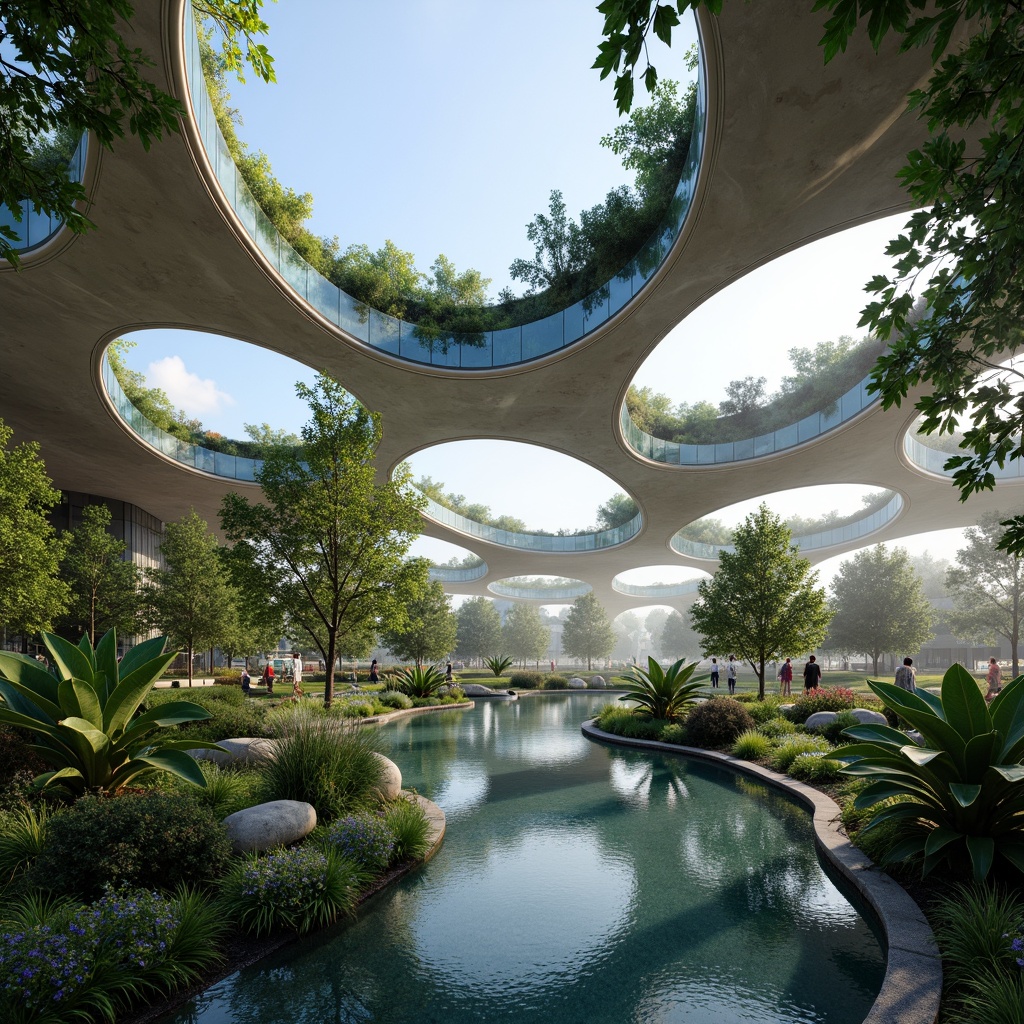 Prompt: Organic pavilion, fluid curves, translucent membranes, iridescent colors, biomimetic structures, natural ventilation systems, green roofs, lush vegetation, winding pathways, serene water features, reflecting pools, ambient lighting, soft misting effects, shallow depth of field, 1/1 composition, cinematic perspective, realistic reflections, subtle texture details.