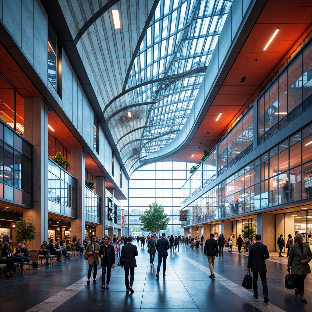 Prompt: Vibrant airport terminals, curved futuristic lines, dynamic angular shapes, bold colorful accents, reflective metallic surfaces, intricate geometric patterns, large glass windows, cantilevered roofs, open airy spaces, bustling activity, lively pedestrian traffic, modern LED lighting, shallow depth of field, 3/4 composition, panoramic view, realistic textures, ambient occlusion.